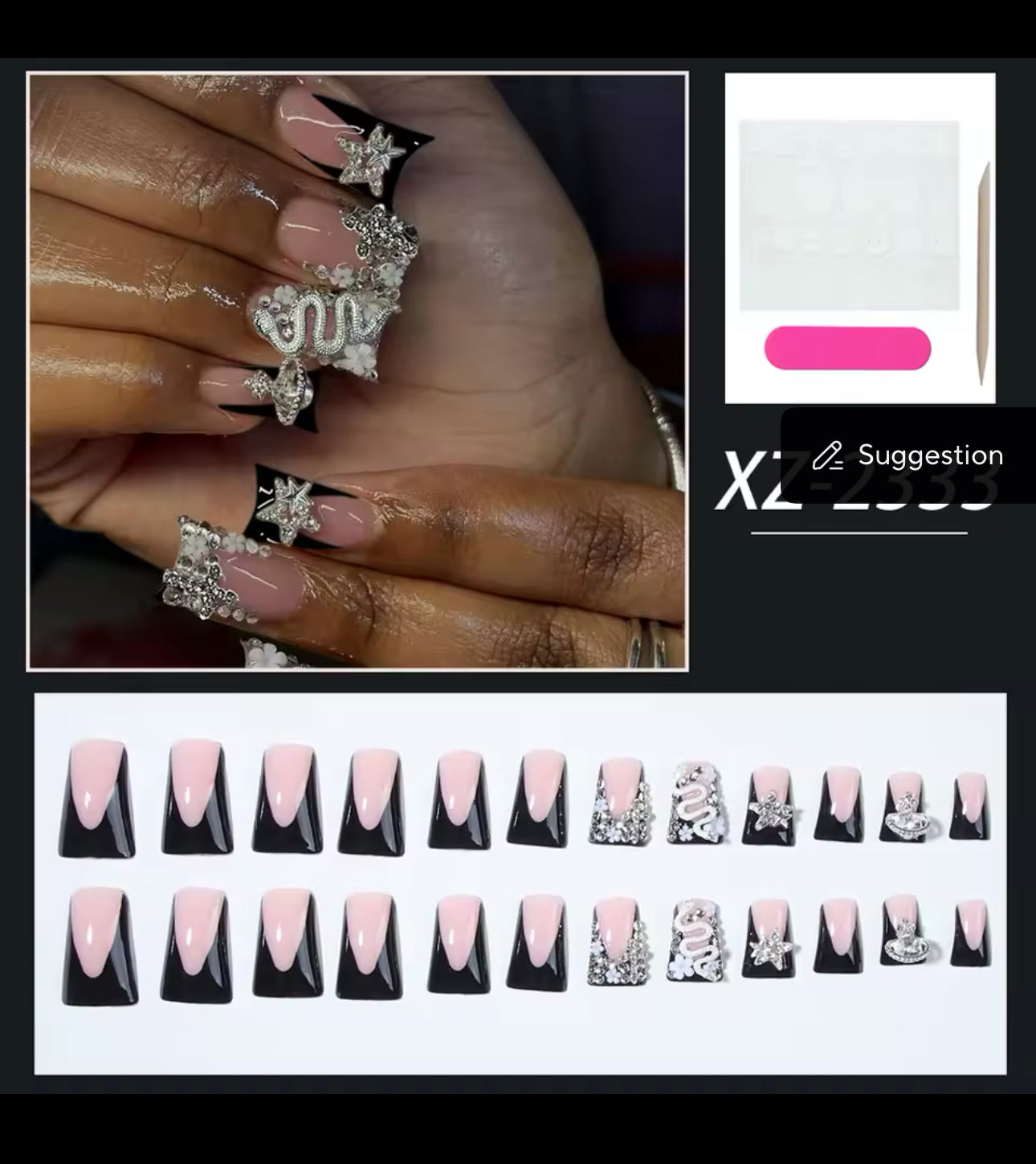 Medium Duck nails black frenchies with gems