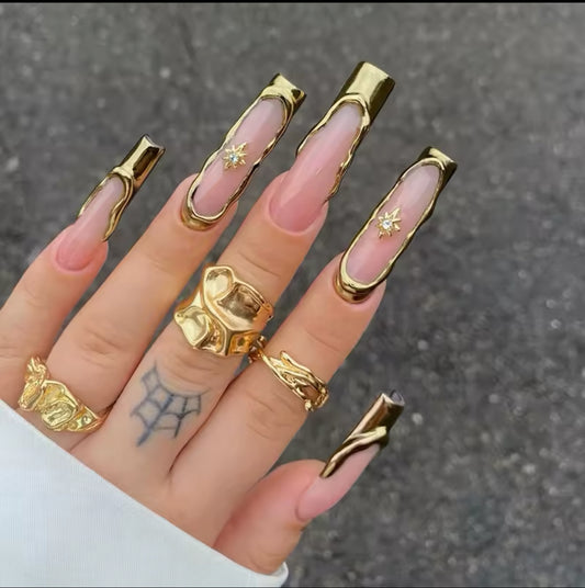 24 pieces Long Gold chrome design nails/rhinestone