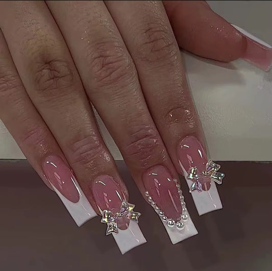 24 pieces white long french tips/ pearl stones