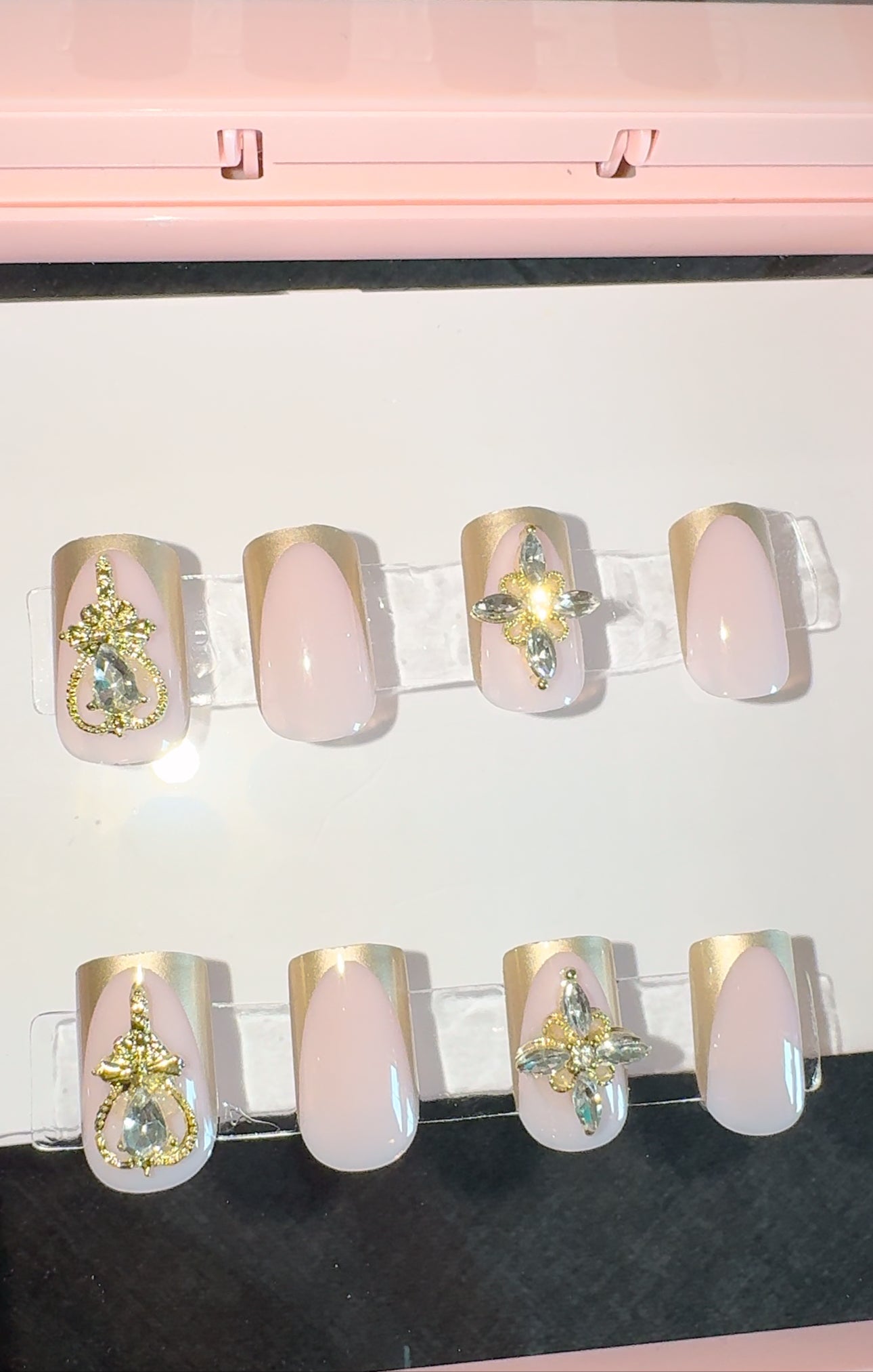 24 pieces short chrome french tip nails with rhinestone