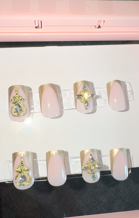 24 pieces short chrome french tip nails with rhinestone