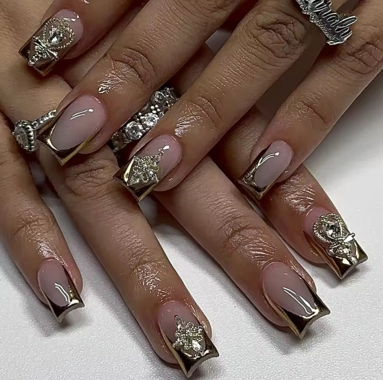 24 pieces short chrome french tip nails with rhinestone