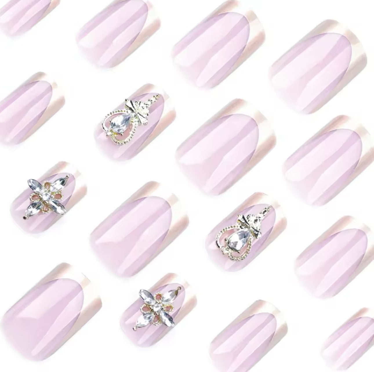 24 pieces short chrome french tip nails with rhinestone