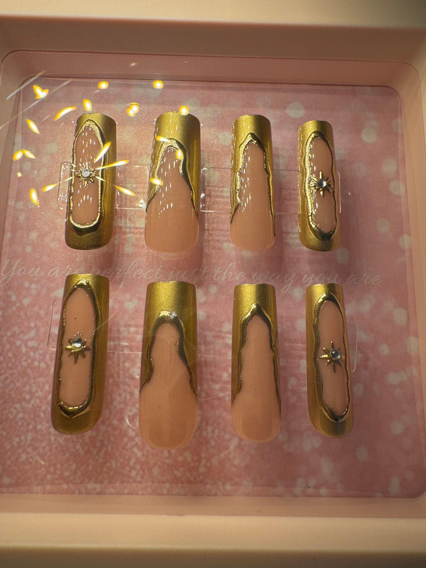 24 pieces Long Gold chrome design nails/rhinestone