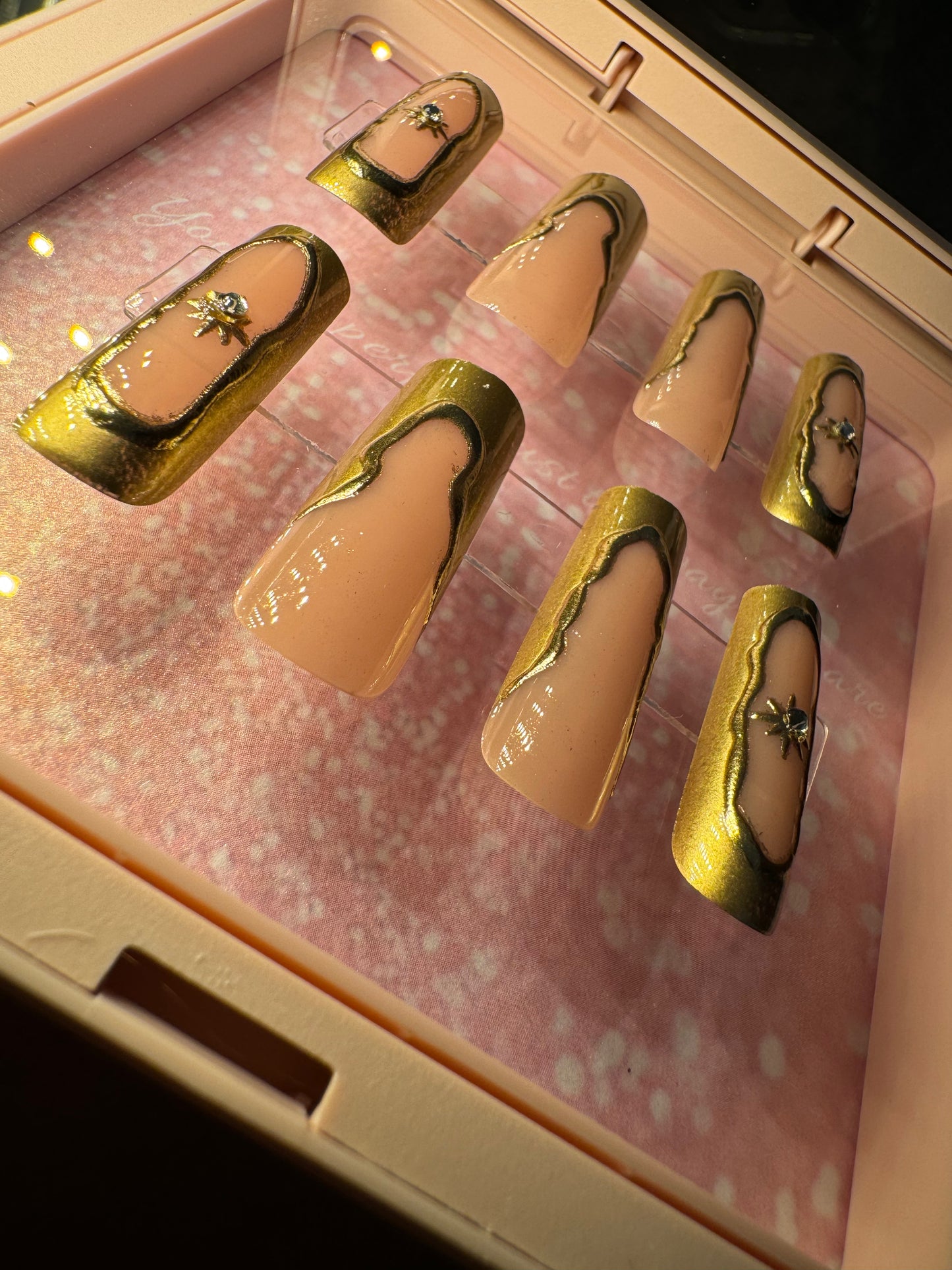 24 pieces Long Gold chrome design nails/rhinestone